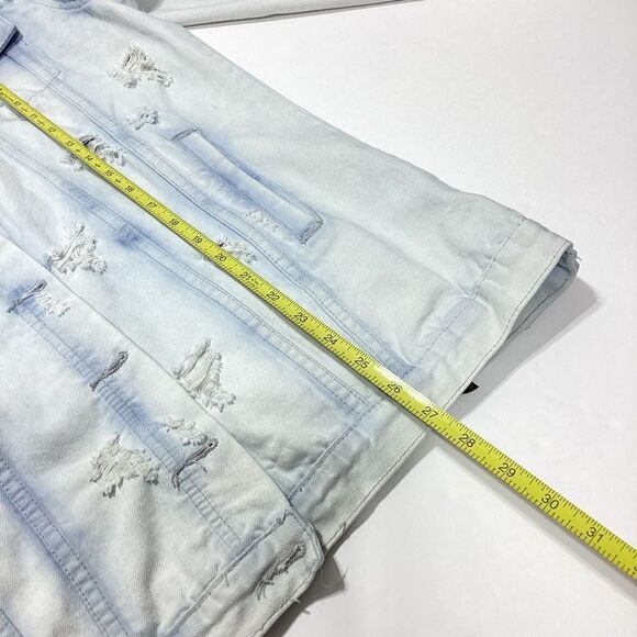 Emory Park Patch Work Rose Troublemaker Distressed Jean Denim Jacket Shacket - Picture 15 of 16